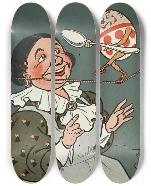 Triptych art skateboard deck of William Wallace Denslow Denslows Humpty Dumpty_2 by William Wallace Denslow (1856-1915)