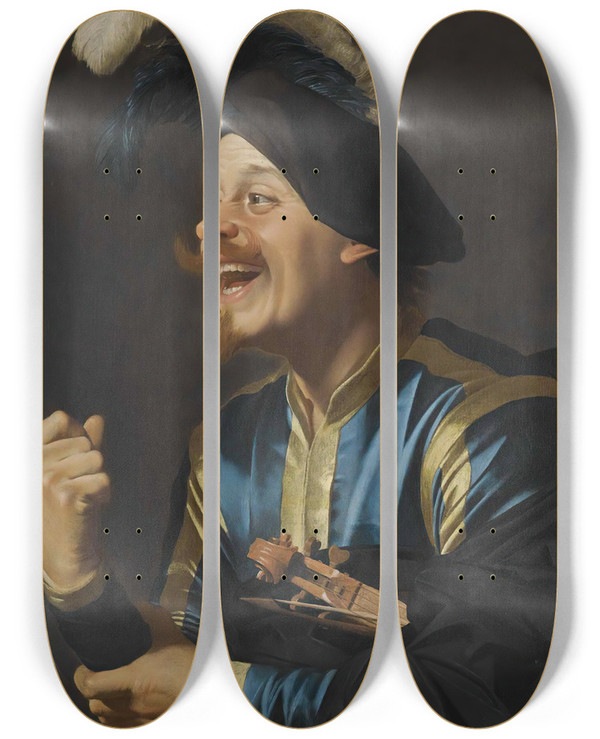 Triptych art skateboard deck of Gerard Van Honthorst A Laughing Violinist by Gerard Van Honthorst (1592-1656)