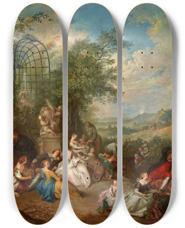 Triptych art skateboard deck of Jeanbaptiste Pater A Fte Champtre During The Grape Harvest by Jean-Baptiste Pater (1695-1736)