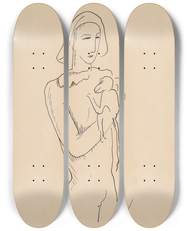 Triptych art skateboard deck of Mikul Galanda Harlequin With A Monkey On His Arm by Mikulas Galanda (1895-1938)