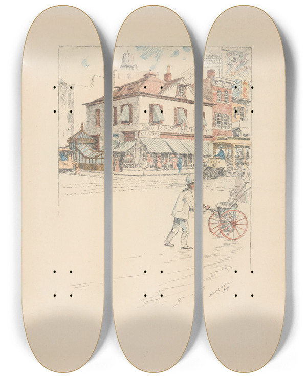 Triptych art skateboard deck of Charles Frederick William Mielatz Peter Coopers House Fourth Avenue And 28Th Street by Charles Frederick William Mielatz (1864-1919)
