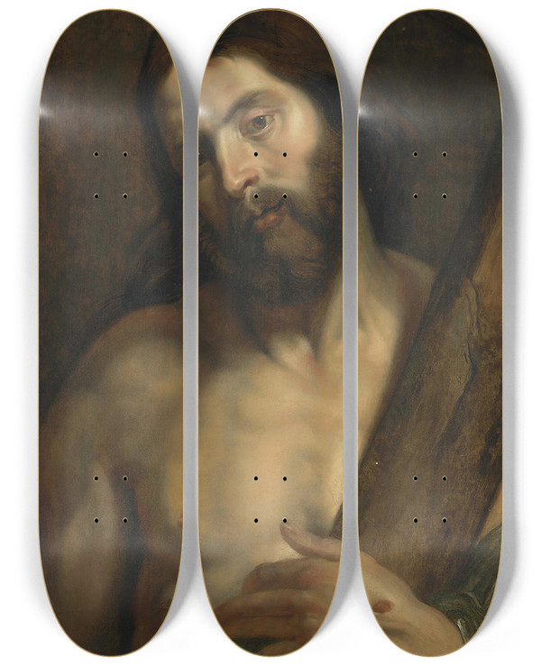 Triptych art skateboard deck of Follower Of Anthony Van Dyck Christ With The Cross by Follower Of Anthony Van Dyck (1599-1641)
