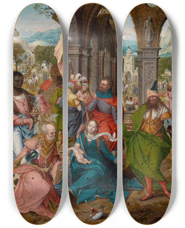 Triptych art skateboard deck of Master Of The Antwerp Adoration The Adoration Of The Magi by Master Of The Antwerp Adoration (1500-1520)