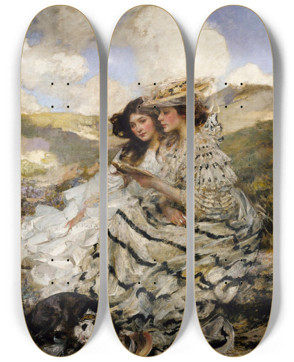 Triptych art skateboard deck of James Jebusa Shannon On The Dunes Lady Shannon And Kitty by James Jebusa Shannon (1862-1923)