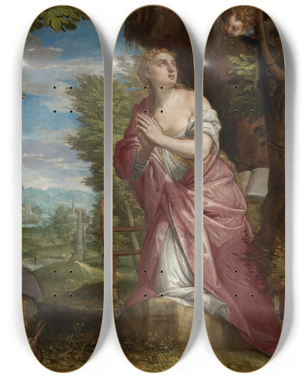Triptych art skateboard deck of Carlo Caliari The Penitentmagdalene In A Landscape by Carlo Caliari (1567-1592)