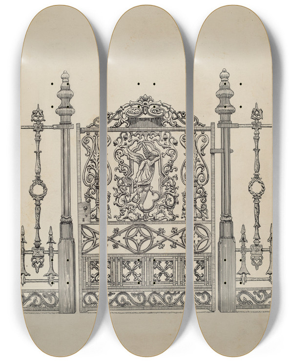 Triptych art skateboard deck of Lucien Verbeke Cast Iron Gate_1 by Lucien Verbeke