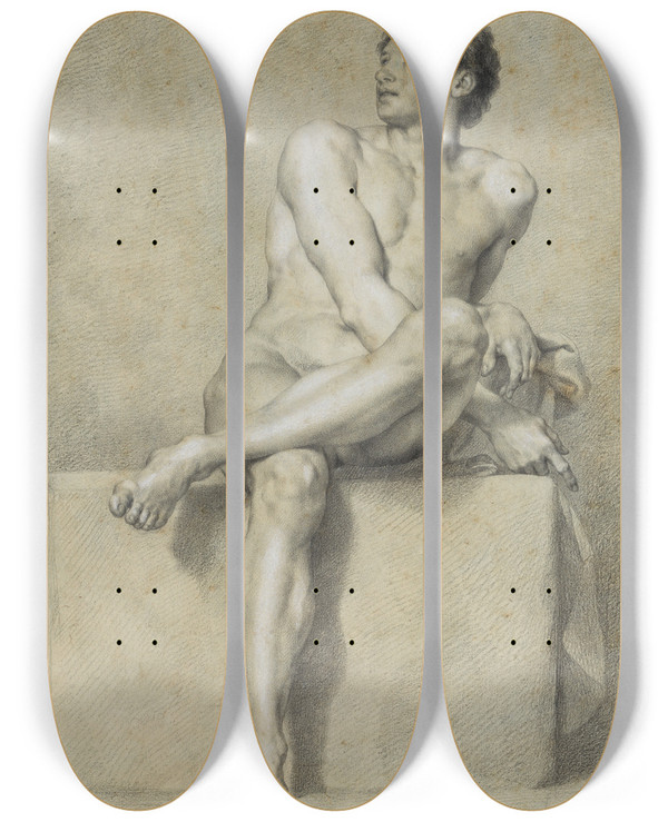 Triptych art skateboard deck of Anton Raphael Mengs Sitzender Mnnlicher Akt Frontal Das Linke Bein Ber Das Rechte Gelegt Aufblickend by Anton Raphael Mengs (1728-1779)