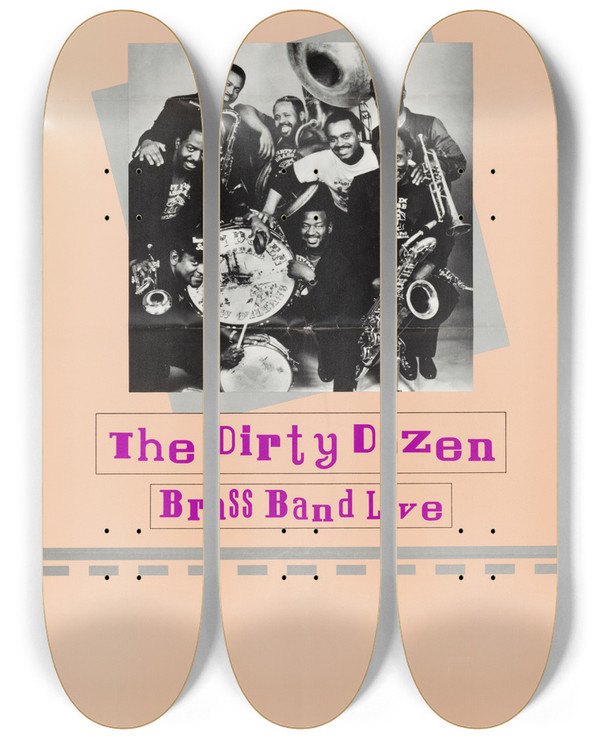 Triptych art skateboard deck of Us Information Agency The Dirty Dozen Brass Band Live by U S Information Agency (1953-1999)