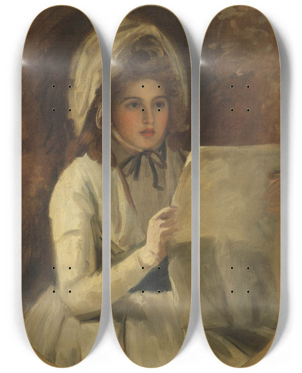 Triptych art skateboard deck of George Romney Lady Hamilton As Serena Reading A Newspaper by George Romney (1734-1802)