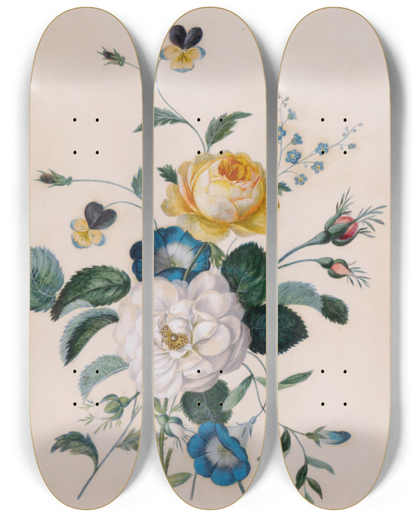 Triptych art skateboard deck of Leopold Zinngger Blumenensemble by Leopold Zinnogger (1811-1872)