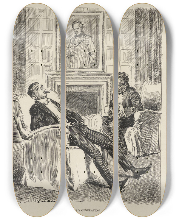 Triptych art skateboard deck of Charles Dana Gibson The Third Generation by Charles Dana Gibson (1867-1944)