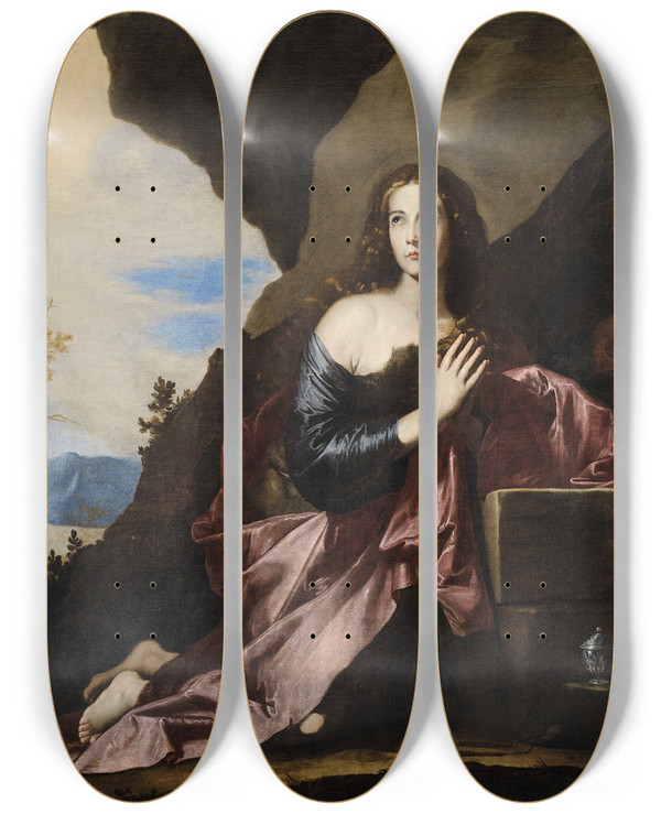 Triptych art skateboard deck of Jusepe De Ribera Mary Magdalene Penitent by Jusepe de Ribera (1591-1652)