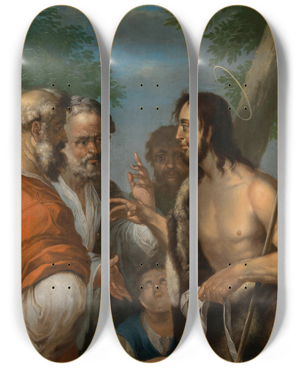 Triptych art skateboard deck of Johann Baptist Reis The Preaching Of Saint John The Baptist by Johann Baptist Reis