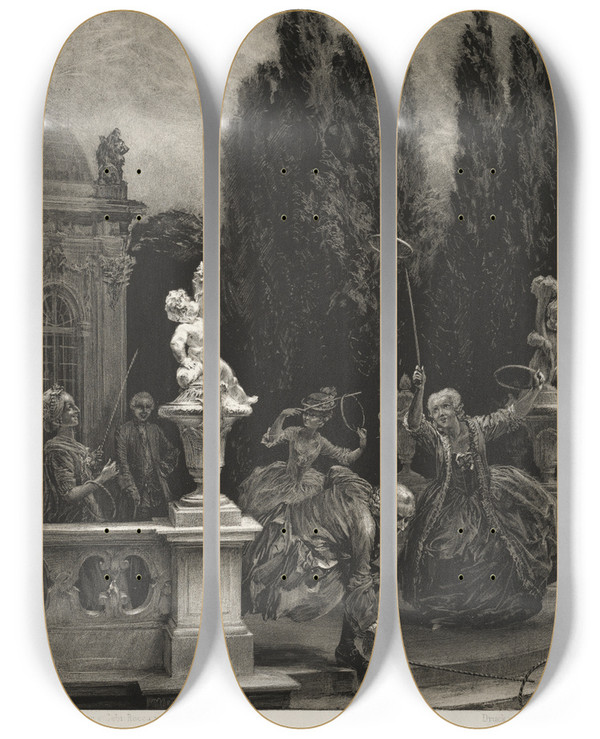 Triptych art skateboard deck of Adolph Von Menzel Essay On Stone With Brush And Scraper Playing At Hoops On The Castle Terrace by Adolph Von Menzel (1815-1905)