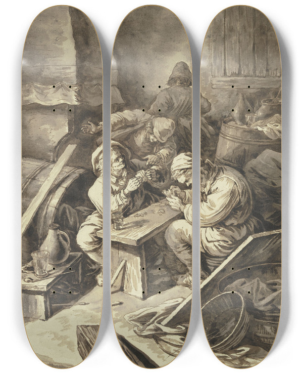 Triptych art skateboard deck of Johann Albrecht Dietzsch Kartenspielende Bauern In Einer Schenke by Johann Albrecht Dietzsch (1720-1782)
