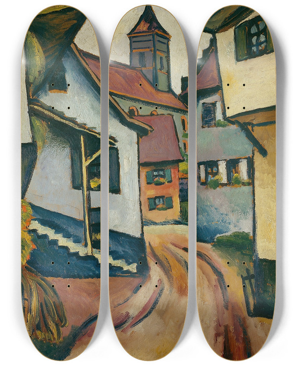 Triptych art skateboard deck of August Macke Street With Church In Kandern by August Macke (1887-1914)
