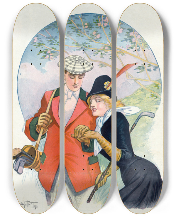 Triptych art skateboard deck of Samuel Ehrhart The Ancient Game by Samuel Ehrhart (1862-1937)
