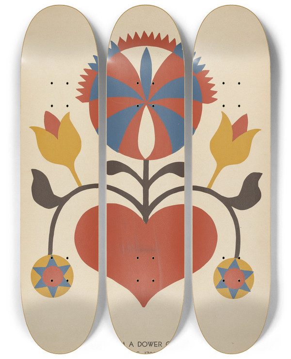 Triptych art skateboard deck of American 20Th Century Plate 13 From The Portfolio Folk Art Of Rural Pennsylvania by American 20Th Century