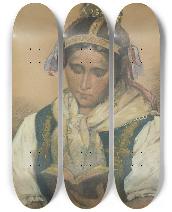 Triptych art skateboard deck of Jozef Hanula Reading In Traditional Costume by Jozef Hanula (1863-1944)