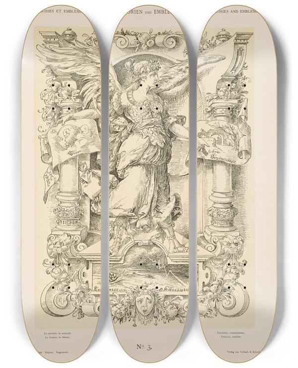 Triptych art skateboard deck of Albert Ilg Allegorien Und Embleme Vol I Pl003 by Albert Ilg (1847-1896)
