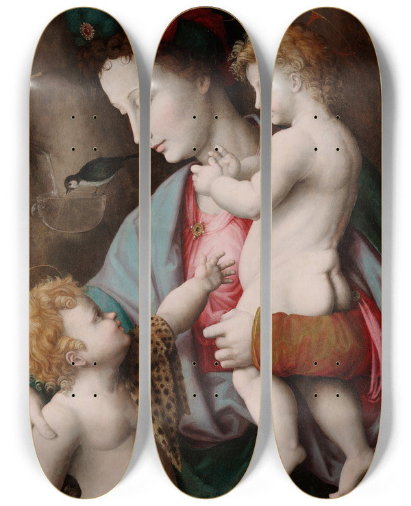 Triptych art skateboard deck of Bacchiacca Madonna And Child With St John The Baptist by Bacchiacca (1494-1557)