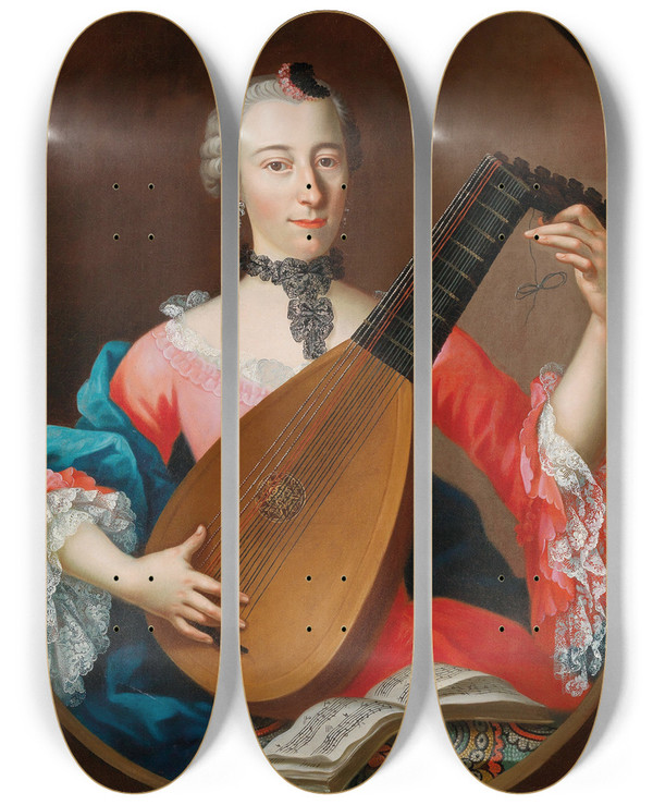 Triptych art skateboard deck of Southern German School An Elegant Lady With A Lute by Southern German School