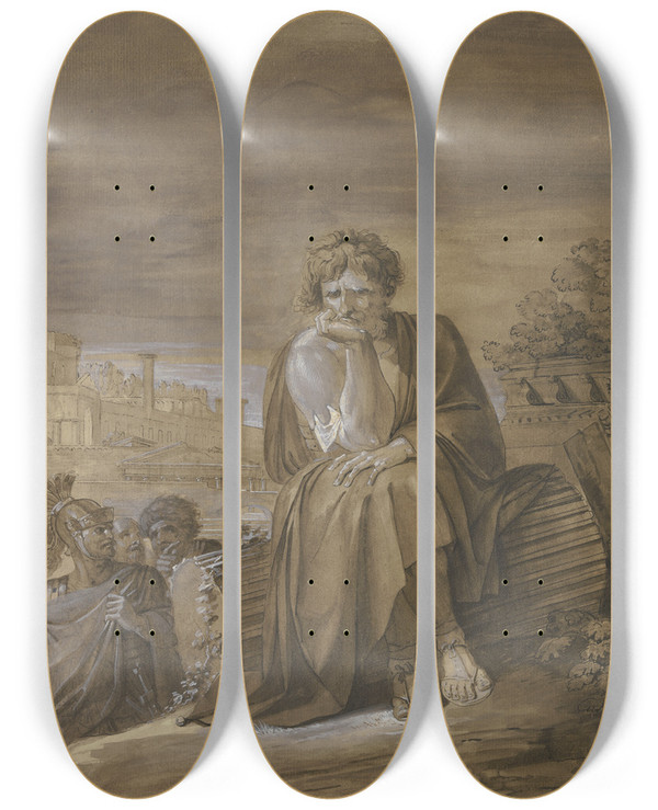 Triptych art skateboard deck of Philipp Friedrich Von Hetsch Marius Auf Den Trmmern Karthagos Der Feldherr Sitzt Auf Einer Gestrzten Sule Links Erscheinen Drei Krieger In Halbfigur by Philipp Friedrich Von Hetsch (1758-1838)