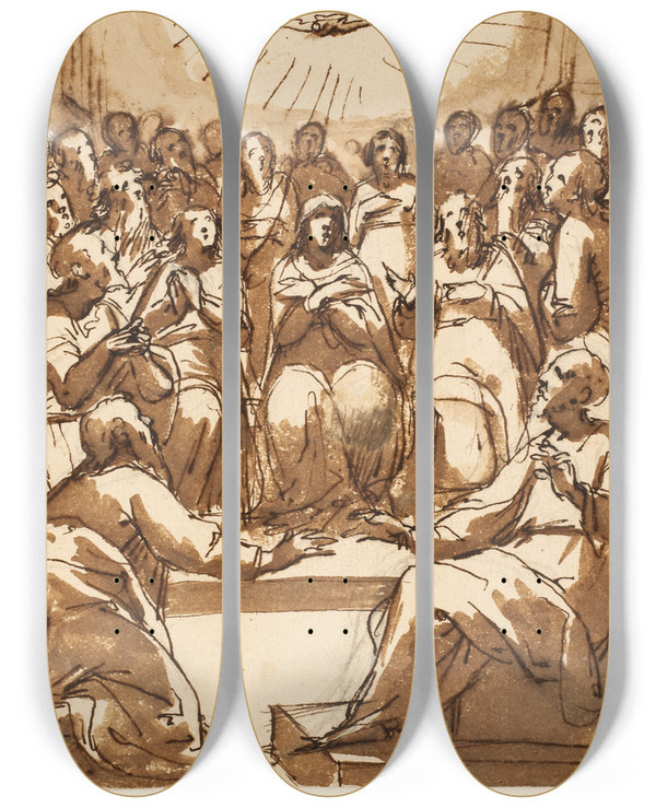 Triptych art skateboard deck of Cesare Nebbia Hellig Ndens Nedstigning by Cesare Nebbia (1536-1622)