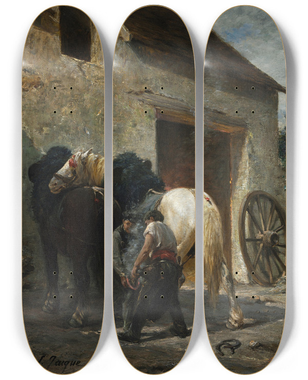 Triptych art skateboard deck of Mile Jacque Blacksmiths by mile Jacque (1848-1912)
