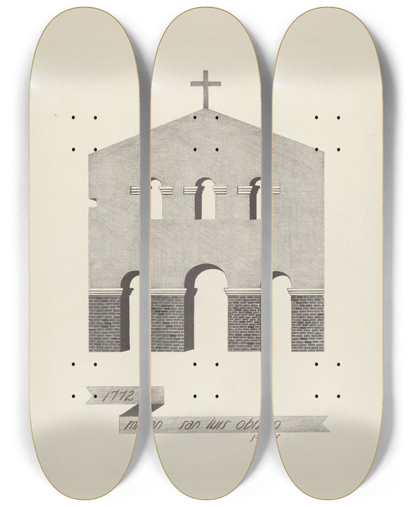 Triptych art skateboard deck of James Jones Mision San Luis Obispo by James Jones