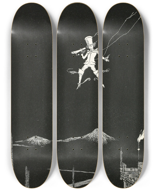 Triptych art skateboard deck of Harry Clarke Little Thumb Was As Good As His Word And Returned That Same Night With The News by Harry Clarke (1889-1931)