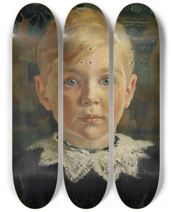 Triptych art skateboard deck of Huib Luns Jeugdportret Van Joseph Luns by Huib Luns (1881-1942)