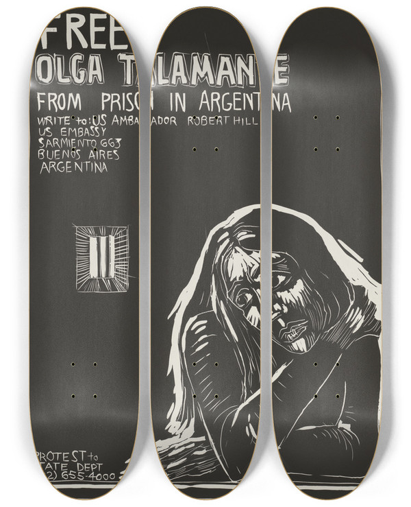 Triptych art skateboard deck of Rachael Romero Free Olga Talamante From Prison In Argentina by Rachael Romero (1953)