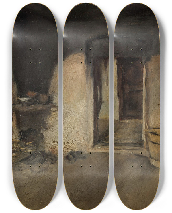Triptych art skateboard deck of Wilhelm Leibl Kcheninterieur by Wilhelm Leibl (1844-1900)