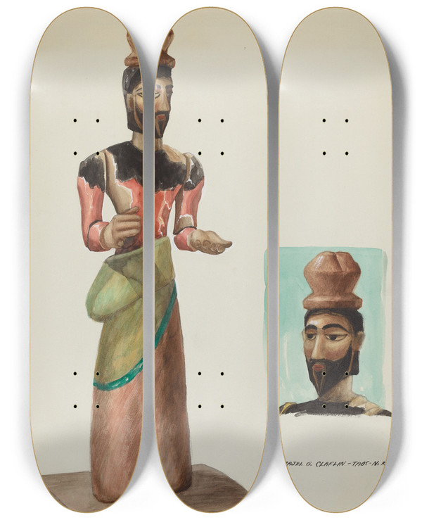 Triptych art skateboard deck of Majel G Claflin San Jose Carved And Painted Wooden Santo by Majel G Claflin (1893-1941)