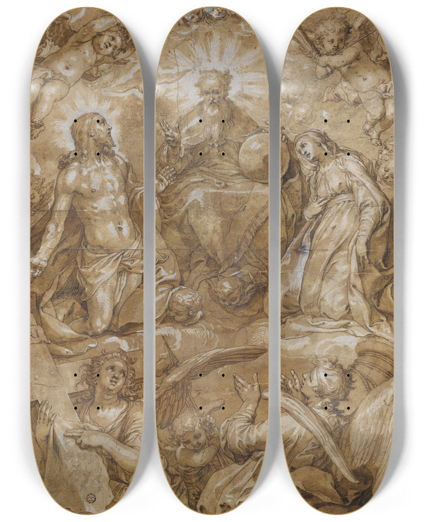 Triptych art skateboard deck of Abraham Bloemaert Intercession Of Christ And Mary Before God The Father by Abraham Bloemaert (1564-1651)