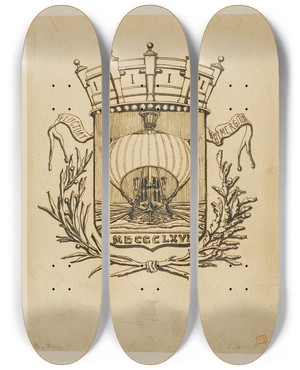 Triptych art skateboard deck of Charles Meryon It Rocks But Is Not Sunk by Charles Meryon (1821-1868)