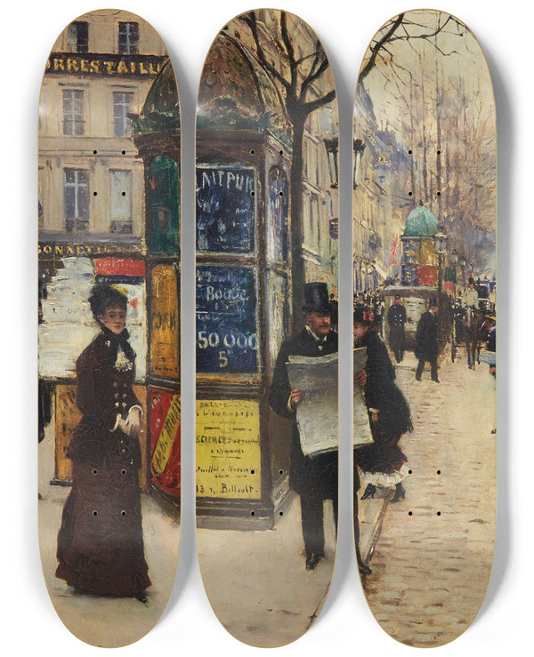 Triptych art skateboard deck of Jean Braud Les Grands Boulevards by Jean Beraud (1849-1935)