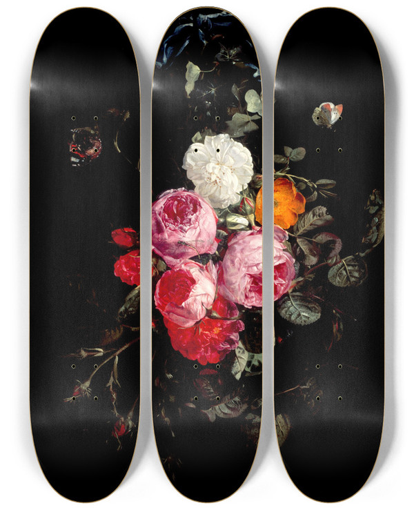 Triptych art skateboard deck of Carstian Luyckx A Festoon Of Roses Hanging From A Blue Ribbon With Butterflies And Insects by Carstian Luyckx (1623-1675)