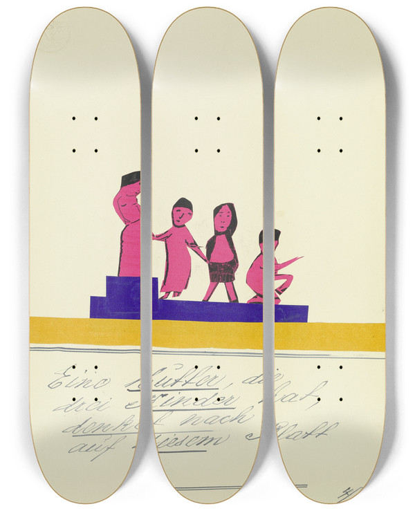 Triptych art skateboard deck of John Elsas Eine Mutter Die Drei Kinder Hat by John Elsas (1851-1935)