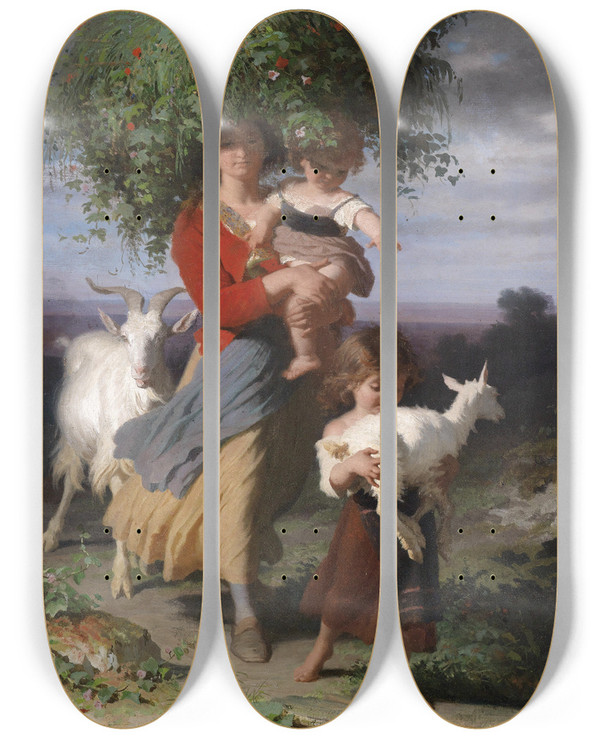 Triptych art skateboard deck of Alfred Van Muyden Mutter Mit Kindern Am Heimweg by Alfred Van Muyden (1818-1898)