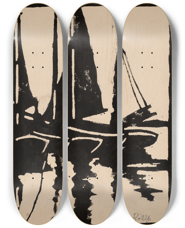 Triptych art skateboard deck of Christian Rohlfs Sailboats In The Harbor by Christian Rohlfs (1849-1938)