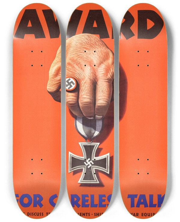 Triptych art skateboard deck of Stevan Dohanos Award For Careless Talk by Stevan Dohanos (1907-1995)