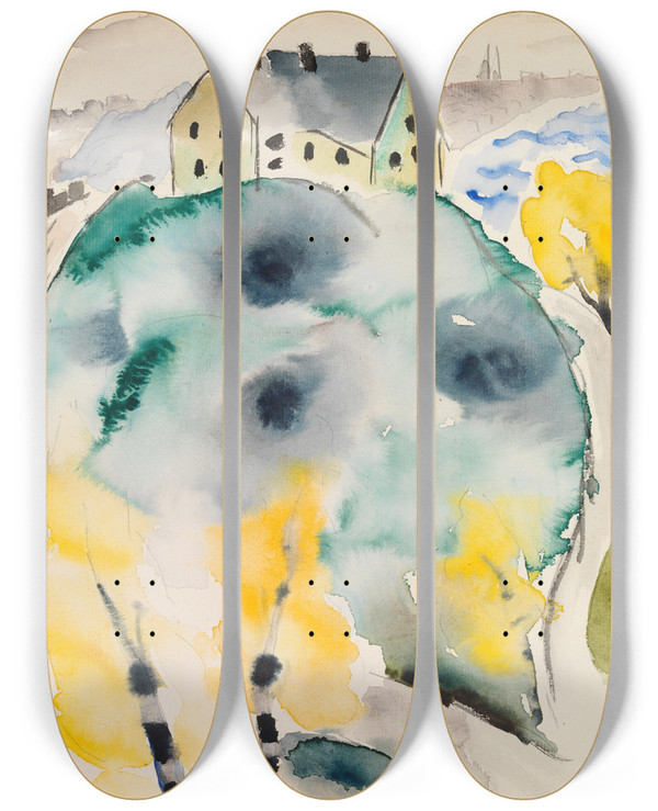 Triptych art skateboard deck of Sulho Sipil Autumn Landscape by Sulho Sipila (1895-1949)