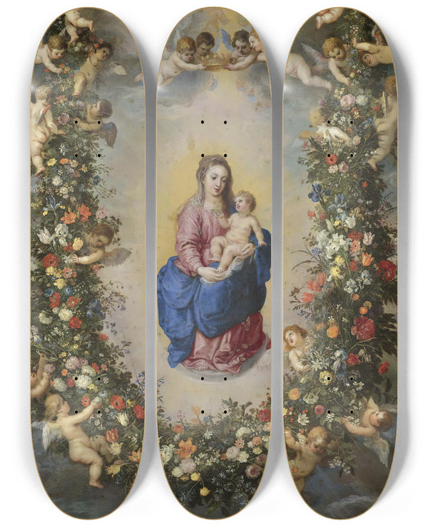 Triptych art skateboard deck of Jan Brueghel The Elder The Virgin And Child Encircled By A Garland Of Flowers Held Aloft Bycherubs by Jan Brueghel The Elder (1568-1625)