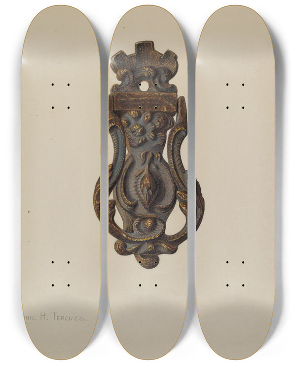 Triptych art skateboard deck of John H Tercuzzi Door Knocker by John H Tercuzzi