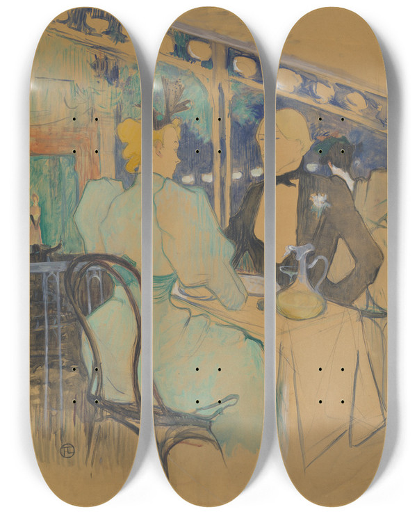 Triptych art skateboard deck of Henri De Toulouselautrec Fashionable People At Les Ambassadeurs Aux Ambassadeurs Gens Chic by Henri de Toulouse-Lautrec (1864-1901)