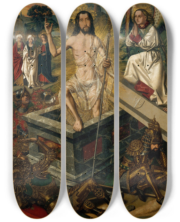 Triptych art skateboard deck of Bartolom Bermejo Resurrection by Bartolome Bermejo (1440-1501)