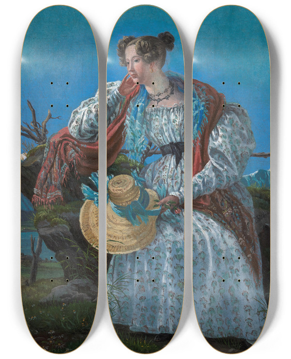 Triptych art skateboard deck of Frederik Sdring Young Woman Sitting In A Norwegian Landscape by Frederik Sodring (1809-1862)