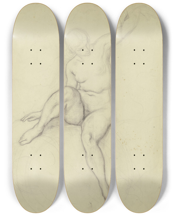 Triptych art skateboard deck of Victor Mller Auf Einer Wolke Sitzender Weiblicher Akt In Vorderansicht Den Linken Arm Erhoben by Victor Muller (1829-1871)